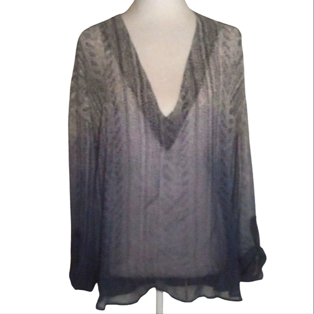 Language 100% Silk Blue Ombre Boho Printed Roll Tab Long Sleeve Blouse Medium